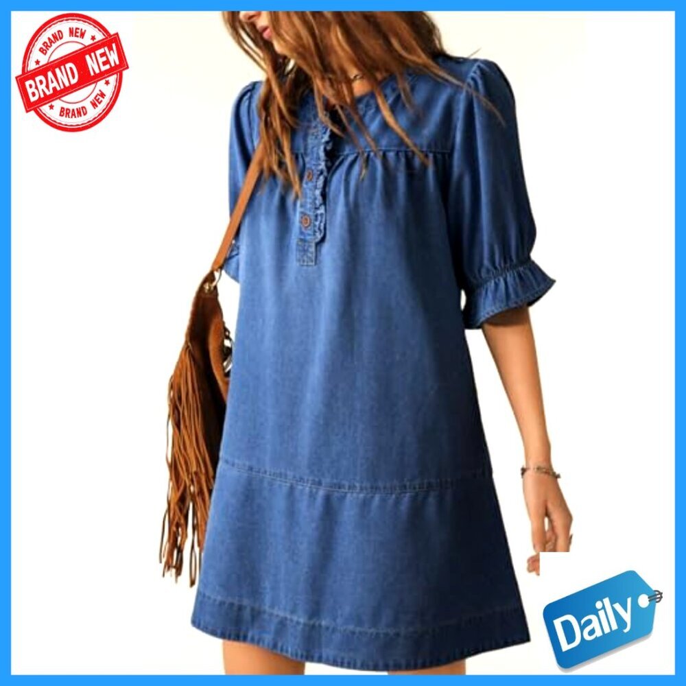 Denim Babydoll Dress Casual Button Front Ruffle Sleeve Loose Fit Mini - Picture 2 of 7